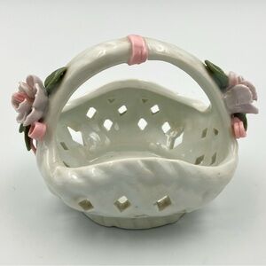 White Porcelain Hand Painted Flower Basket with Pink Flowers Woven Design